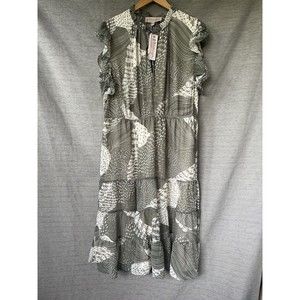 NWT Philosophy Plus‎ Sz 2X Green Flutter sleeve Abstract Sheer Lined Midi Dress